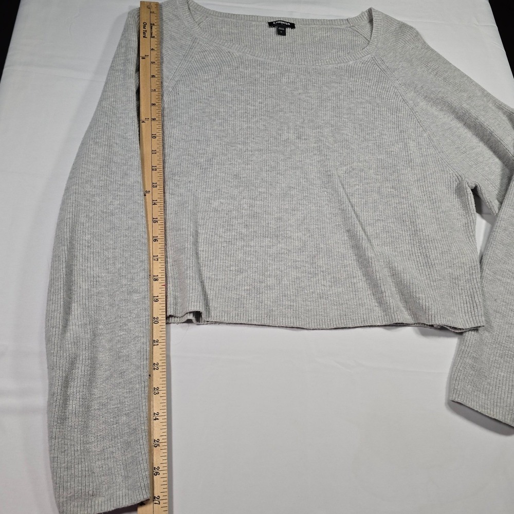 Express Womens Gray Ribbed Knit Cropped Cotton Sweater Scoop Neck Long Sleeve M - Picture 4 of 7